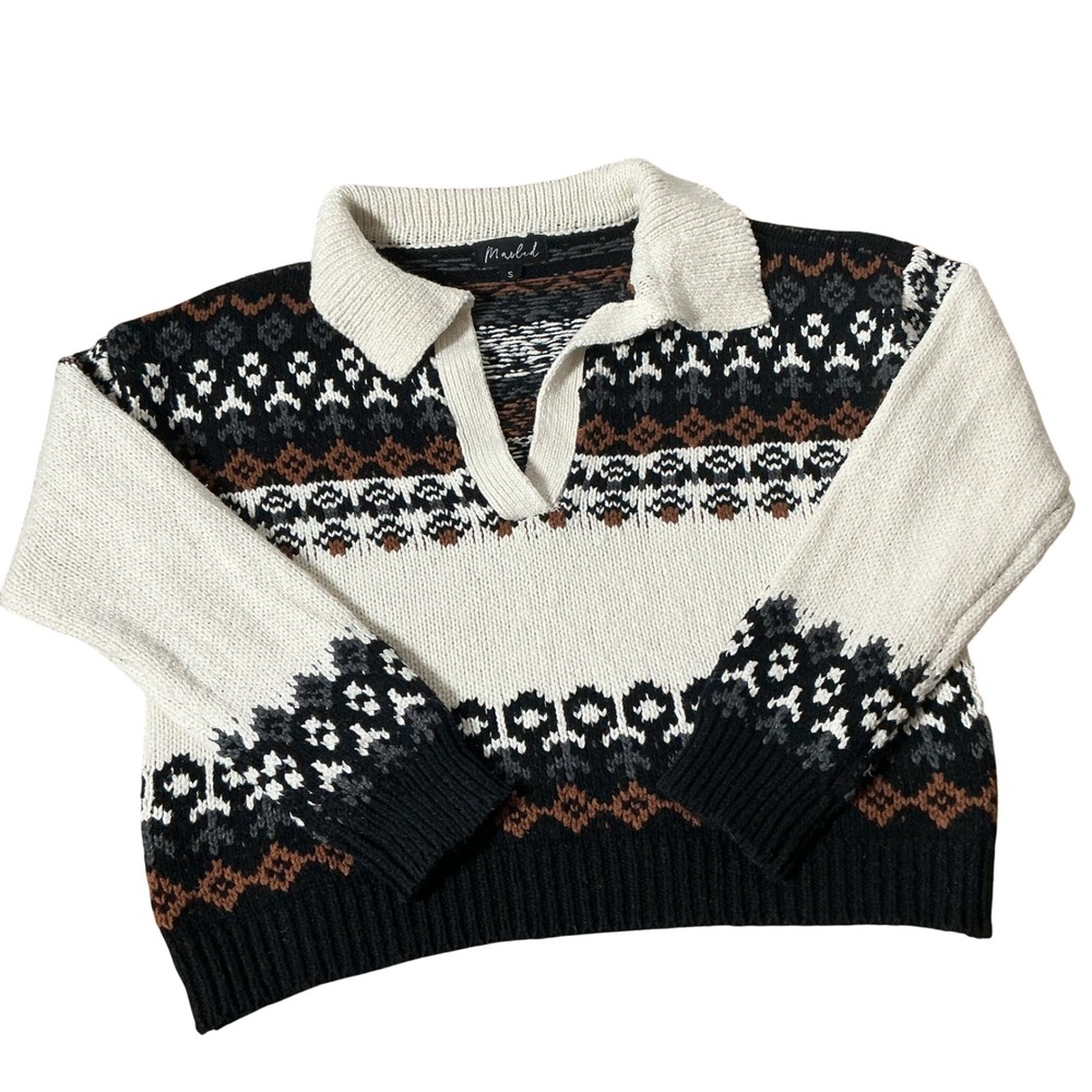 Marled Fair Isle Polo Sweater Women Size S White Black Brown Knit V-Neck Slv